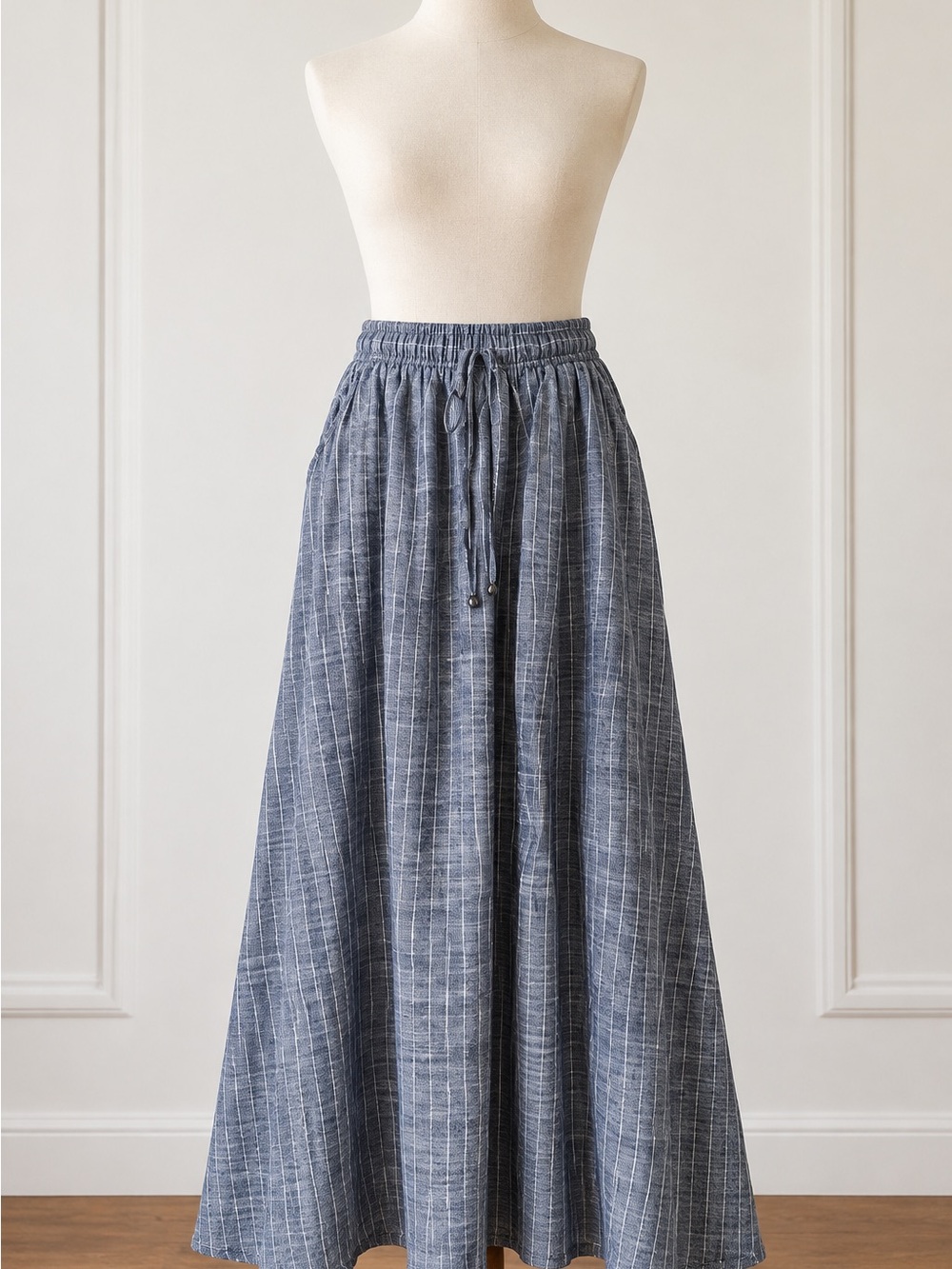 Max Studio London Blue White Pinstripe Linen Blend Maxi Skirt Small